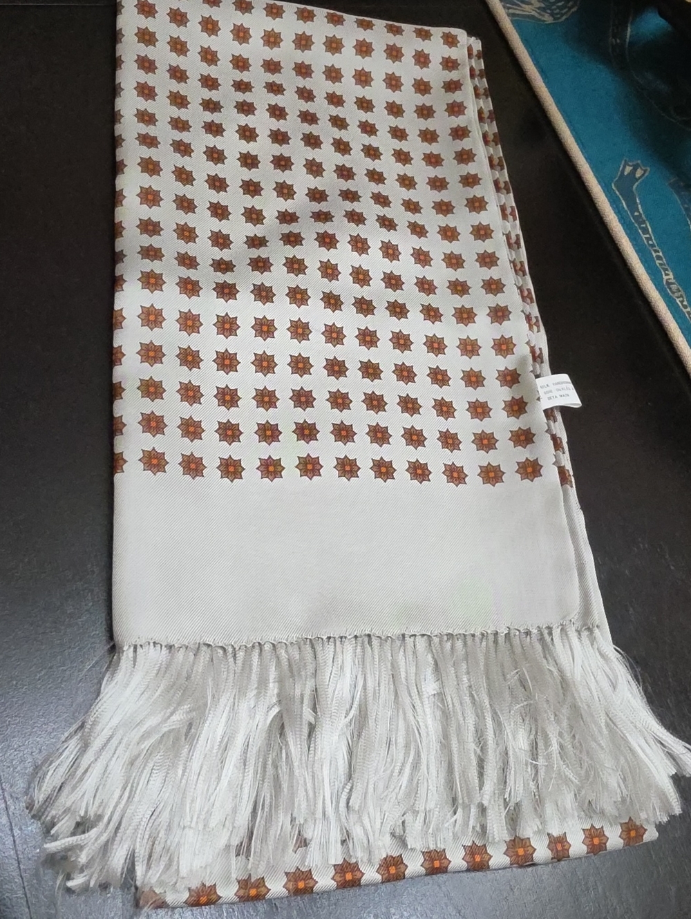 Vtg 1970 Pure Silk Cream Scarf with Brown Star Pattern and Fringe 51 Inches
